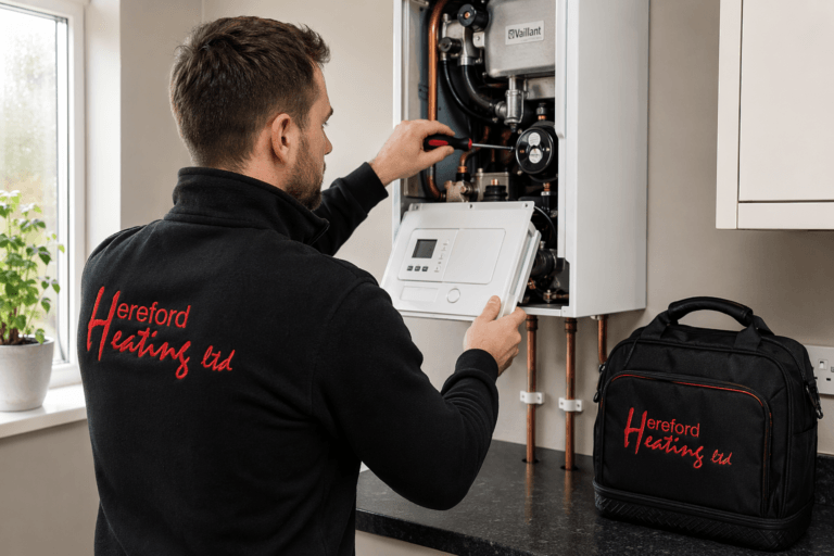 Heating engineer carrying out a boiler service and repair