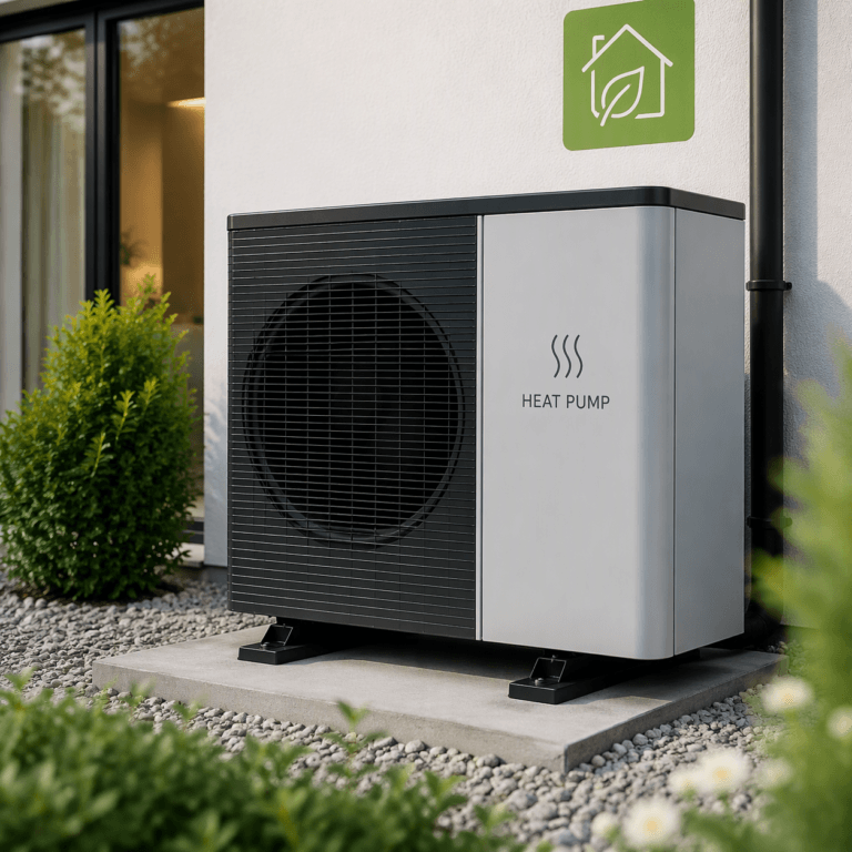 Digital 3D render of an outdoor heat pump unit