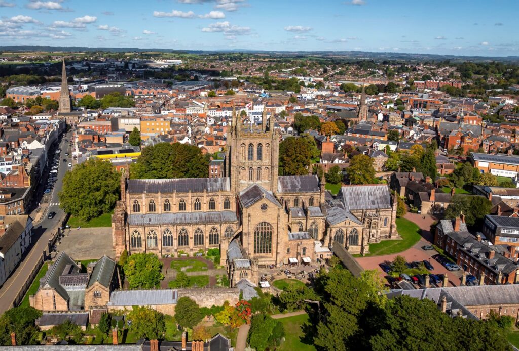 Aerial drone view of Hereford Cathedral in the city centre